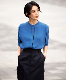 ICB L 【新色追加・接触冷感・UVケア・速乾・洗える】BackSatinAmunzen 5分袖バンドカラーブラウス