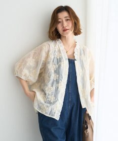 YECCA VECCA フリルVネック刺繍シアーシャツ