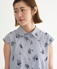 YECCA VECCA ストライプ柄フラワー刺繍シャツ