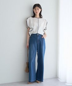 YECCA VECCA 配色ラッフルスリーブブラウス