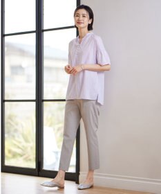 J.PRESS LADIES 【洗える】綿キュプラコードストライプ キーネック ブラウス