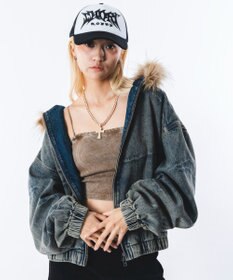 WEGO 【ユニセックス着用ITEM】ファーフードスラッシュデニムブルゾン