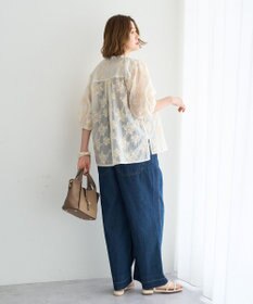 YECCA VECCA フリルVネック刺繍シアーシャツ