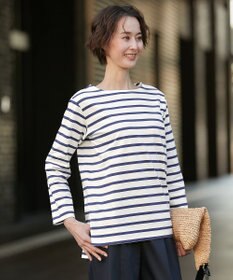 自由区 L 【洗える】コットンボーダー ボートネックカットソー