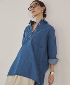 WEGO 【ANGIE VINTAGE】襟が選べる デニム チュニック シャツ （バンドカラー/レギュラーカラー）