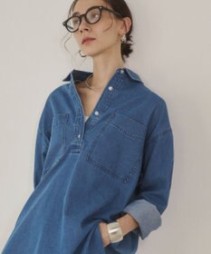 WEGO 【ANGIE VINTAGE】襟が選べる デニム チュニック シャツ （バンドカラー/レギュラーカラー）