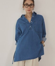 WEGO 【ANGIE VINTAGE】襟が選べる デニム チュニック シャツ （バンドカラー/レギュラーカラー）