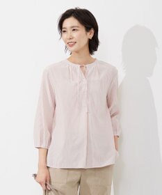 J.PRESS LADIES 【洗える】コットンアセVis ストライプ ギャザー ブラウス