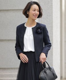 J.PRESS LADIES 【セットアップ対応】ファンシーツイード ノーカラー ジャケット ネイビー系
