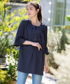 Tiaclasse L 【洗える】リボン付きタックスリーブチュニックブラウス