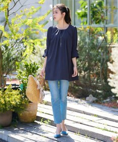 Tiaclasse L 【洗える】リボン付きタックスリーブチュニックブラウス