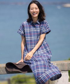 J.PRESS LADIES コットンリネン Light マドラスチェック シャツ ワンピース ネイビー系