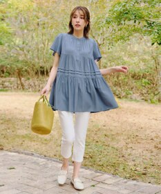 Tiaclasse 【洗える】バンドカラーティアードシャツチュニックブラウス