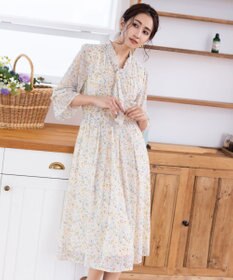 Tiaclasse L 【洗える】程良い透け感のプリントボウタイワンピース