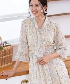 Tiaclasse L 【洗える】程良い透け感のプリントボウタイワンピース