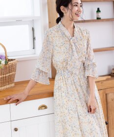 Tiaclasse L 【洗える】程良い透け感のプリントボウタイワンピース