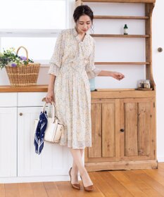 Tiaclasse L 【洗える】程良い透け感のプリントボウタイワンピース