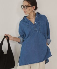 WEGO 【ANGIE VINTAGE】襟が選べる デニム チュニック シャツ （バンドカラー/レギュラーカラー）