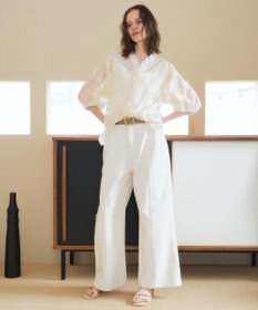 YECCA VECCA フリルVネック刺繍シアーシャツ