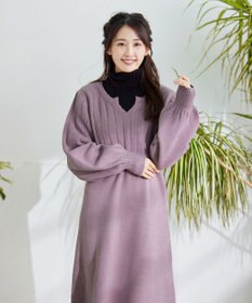 Tiaclasse 【洗える】パフスリーブリブ編みニットワンピース