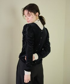 #Newans 【洗濯機可／ 前後着用可】 ギャザースリーブシアーベロアカーディガン ブラック