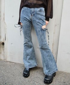 WEGO カットアウトリボンストレッチデニムフレアパンツ