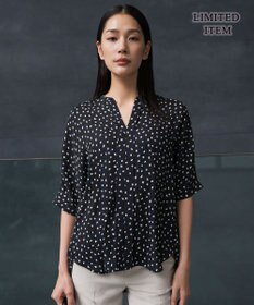 ICB 【WEB限定】BackSatinAmunzen 5分袖キーネックブラウス ブラック×モチーフドット柄