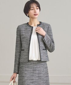 23区 L 【セットアップ対応】ライトシャインツイード ノーカラージャケット ブラックミックス