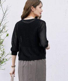 Tiaclasse L 【新色追加・洗える】パフスリーブ透かし編みニットカーディガン