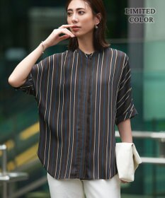 ICB 【人気のため新色追加・接触冷感・UVケア・速乾・洗える】BackSatinAmunzen 5分袖バンドカラーブラウス チャコールストライプ柄系［WEB限定］