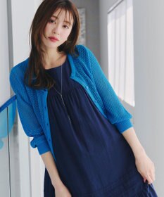 Tiaclasse L 【新色追加・洗える】パフスリーブ透かし編みニットカーディガン