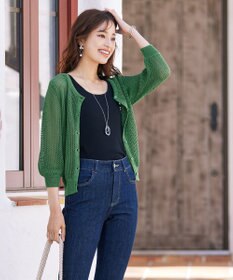 Tiaclasse L 【新色追加・洗える】パフスリーブ透かし編みニットカーディガン