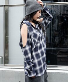 WEGO オープンショルダーチェックBIGシャツ