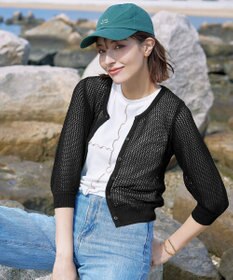 Tiaclasse L 【新色追加・洗える】パフスリーブ透かし編みニットカーディガン