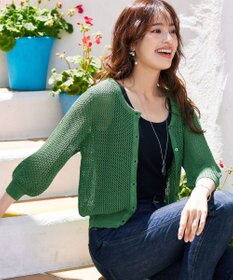 Tiaclasse L 【新色追加・洗える】パフスリーブ透かし編みニットカーディガン