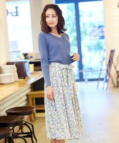 Tiaclasse 【洗える】異素材を組み合わせた花柄リブニットコンビワンピース