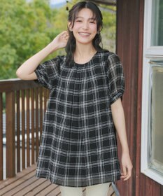 Tiaclasse L シフォンチェックパフスリーブチュニック