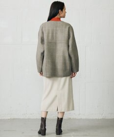 自由区 L 【17号サイズまで展開・カタログ掲載】ウールリバーチェック柄ノーカラー コート