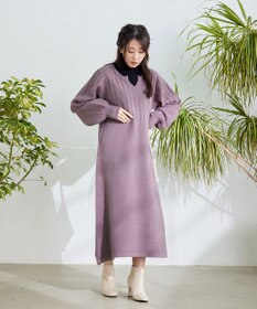 Tiaclasse L 【洗える】パフスリーブリブ編みニットワンピース