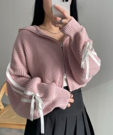 WEGO ラインリボンダブルジップニットパーカー