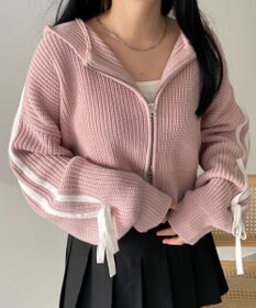 WEGO ラインリボンダブルジップニットパーカー