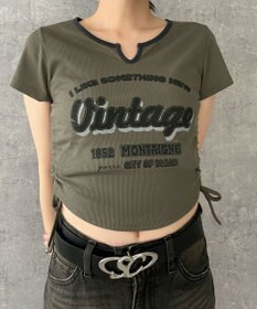 WEGO 配色サイドギャザーVネックT