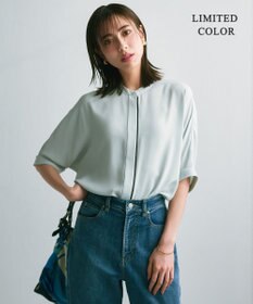 ICB 【人気のため新色追加・接触冷感・UVケア・速乾・洗える】BackSatinAmunzen 5分袖バンドカラーブラウス アッシュブルー系［WEB限定］