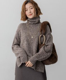 23区 【洗える】ミックスブークレ サイドスリットタートルニット ブラウンマルチ