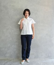 muuc 〈ドライタッチな上質コットン100%〉〈タイプライター生地〉後ろギャザー入り フレンチスリーブのブラウス