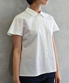 muuc 〈ドライタッチな上質コットン100%〉〈タイプライター生地〉後ろギャザー入り フレンチスリーブのブラウス