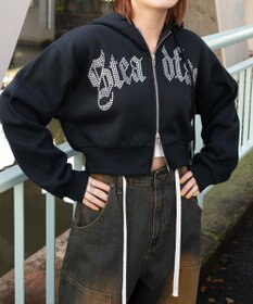 WEGO 【裏起毛】ラインストーン裏起毛ショートジップパーカー