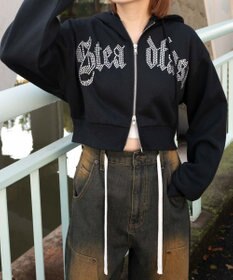 WEGO 【裏起毛】ラインストーン裏起毛ショートジップパーカー