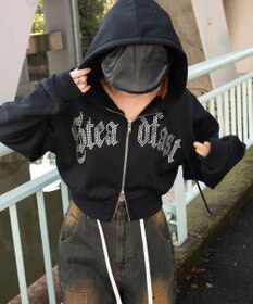 WEGO 【裏起毛】ラインストーン裏起毛ショートジップパーカー