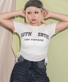 WEGO サイドギャザーヘンリーネックロゴT